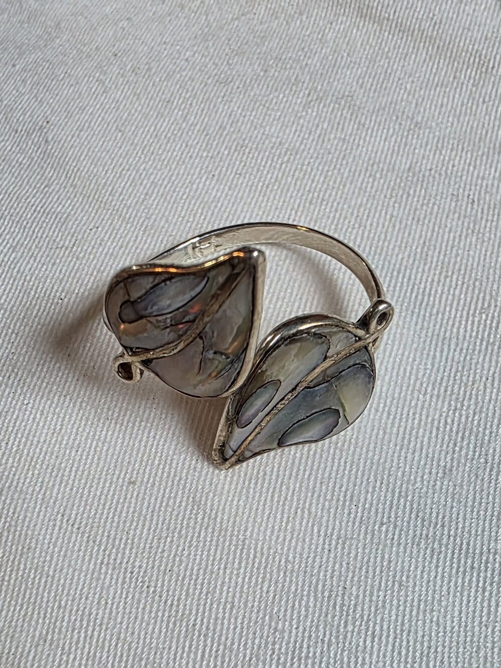 Vintage Taxco Mexico Sterling Silver Abalone Leaf Duo Bypass Ring Size 10